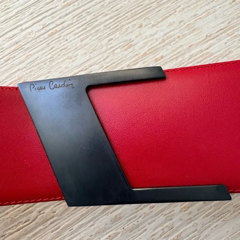 VTG Pierre Cardin Red Leather Metal Buckle Wide Belt Size 75